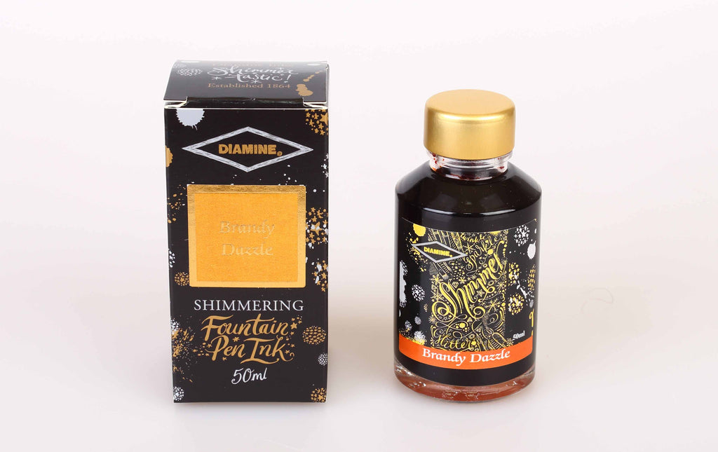 Diamine Brandy Dazzle fountain pen ink bottle and packaging on a white background.
