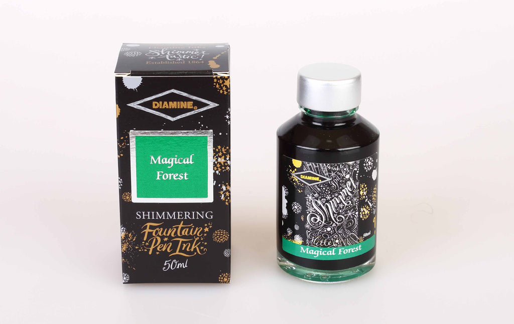 Diamine Magical Forest fountain pen ink bottle and packaging on a white background.