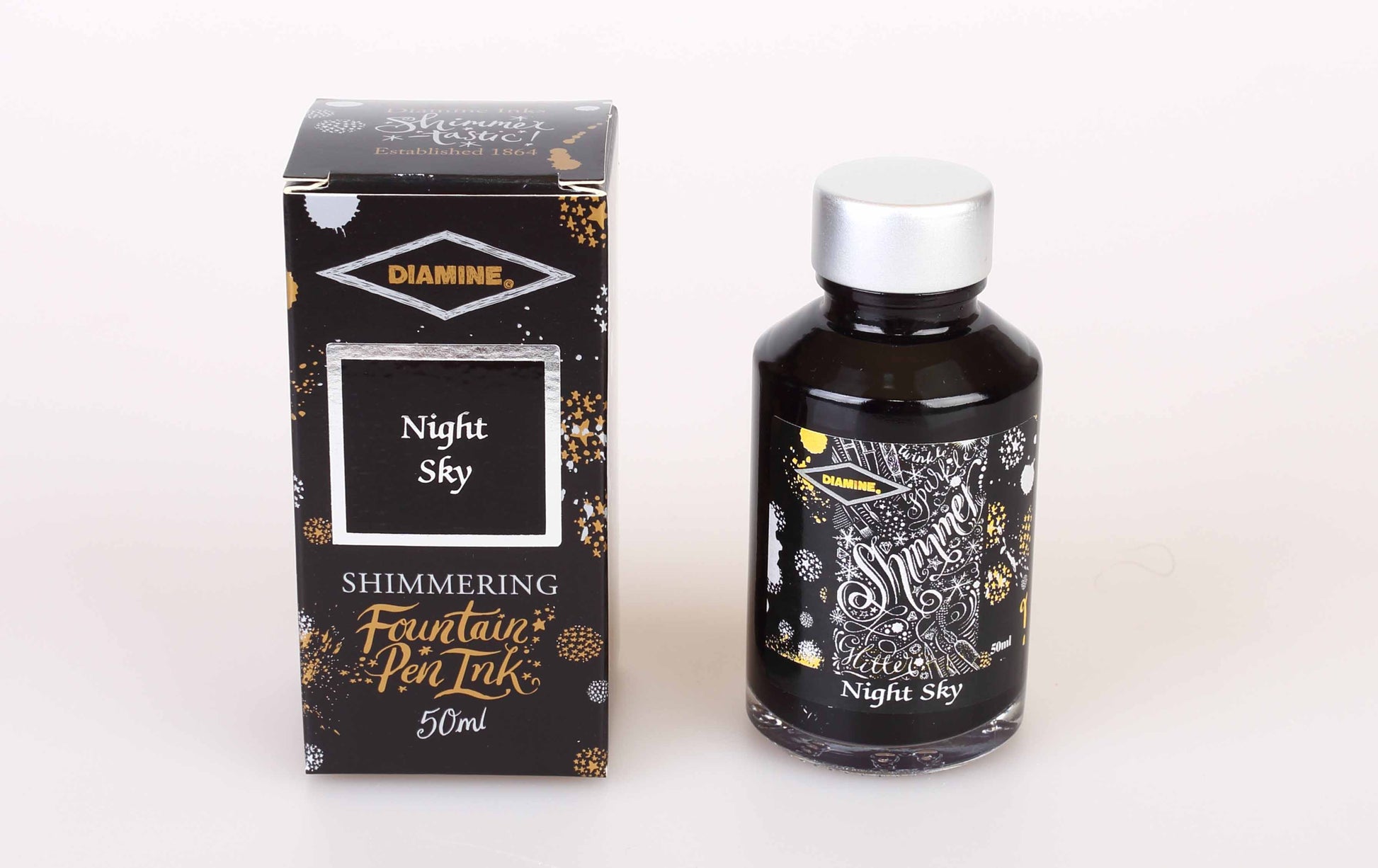Diamine Night Sky fountain pen ink bottle and packaging on a white background.