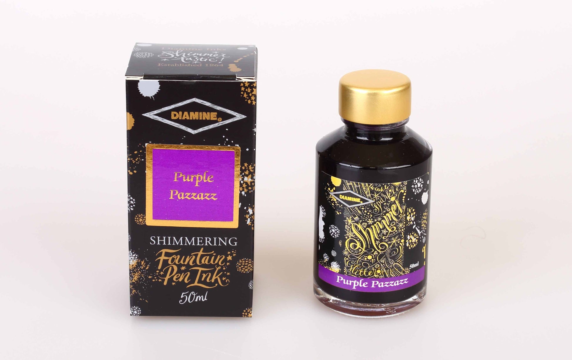 Diamine Purple Pazzazz fountain pen ink bottle and packaging on a white background.