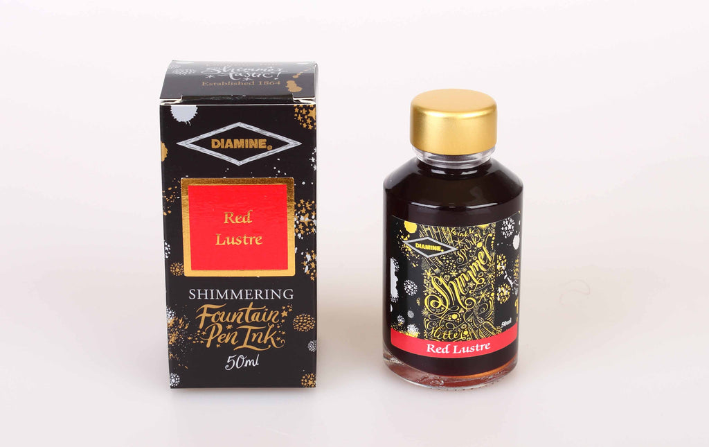 Diamine Red Lustre fountain pen ink bottle and packaging on a white background.