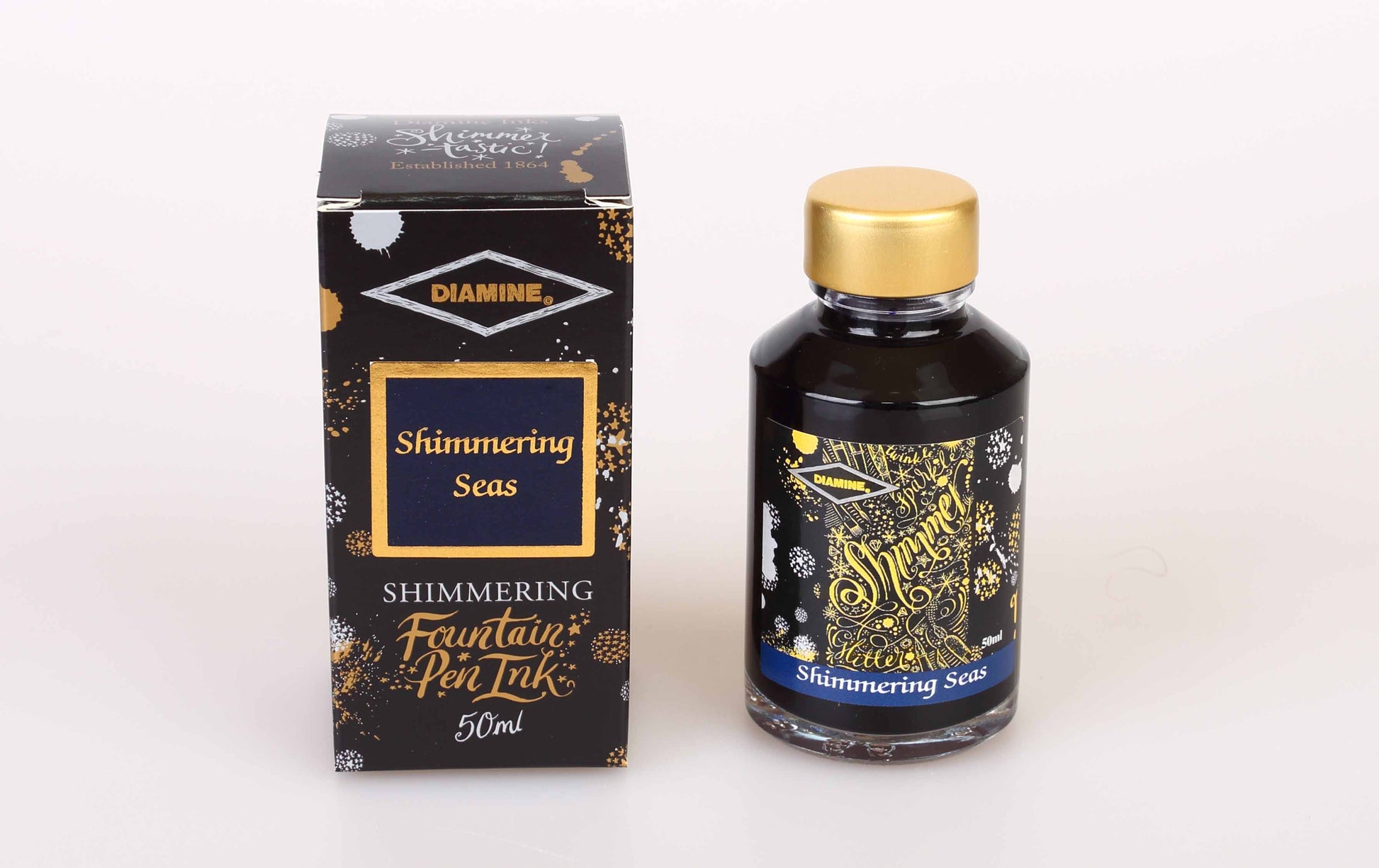 Diamine Shimmering Seas fountain pen ink bottle and packaging on a white background.