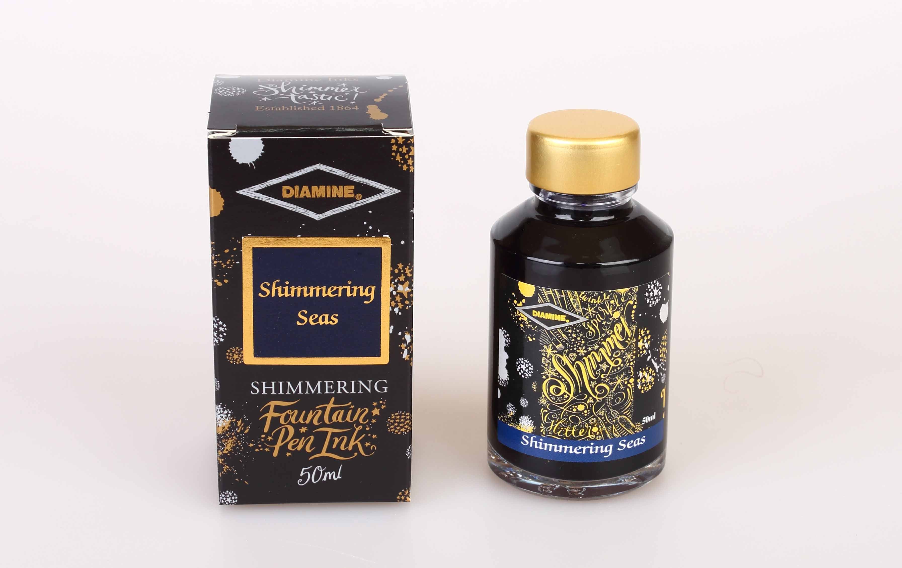 Diamine Shimmering Seas fountain pen ink bottle and packaging on a white background.