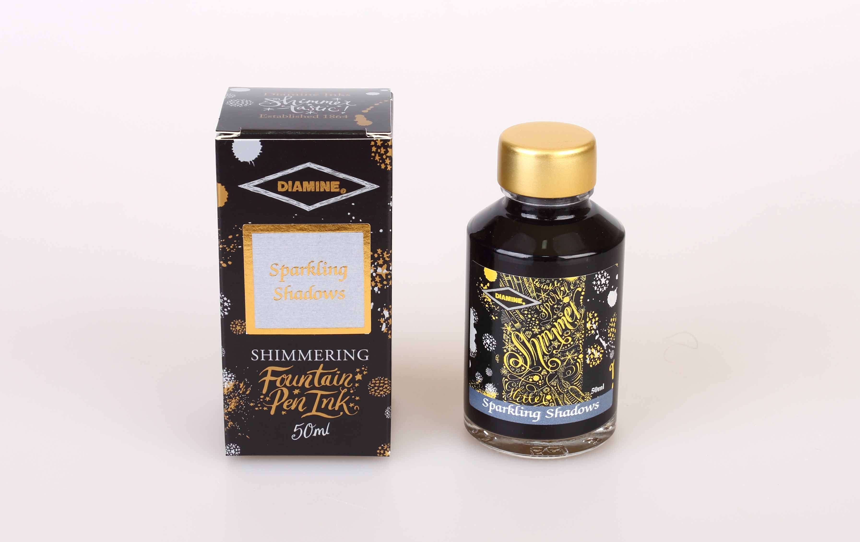 Diamine Sparkling Shadows fountain pen ink bottle and packaging on a white background.