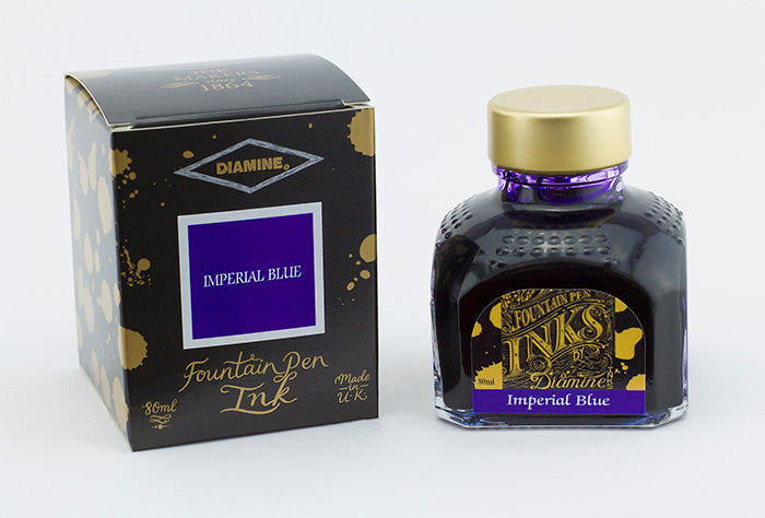 Diamine Imperial Blue fountain pen ink bottle and packaging on a white background.