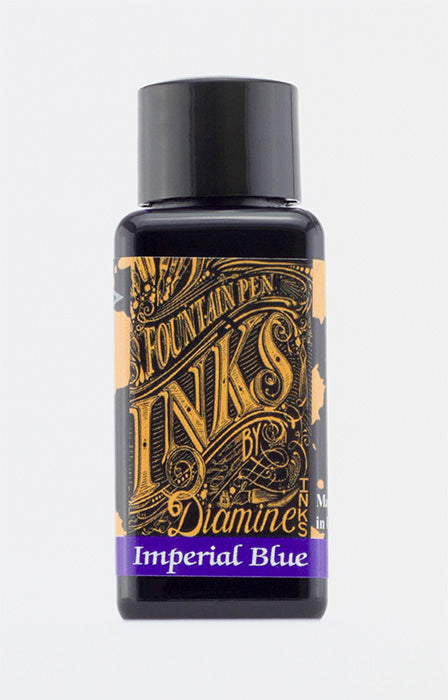 Diamine Imperial Blue fountain pen ink bottle and packaging on a white background.