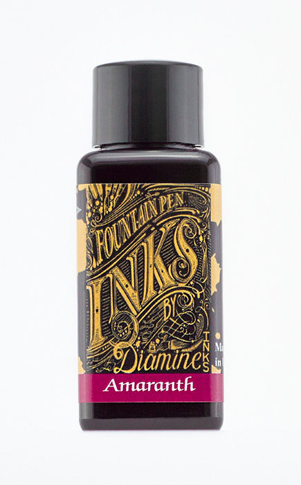 Diamine Amaranth fountain pen ink bottle and packaging on a white background.
