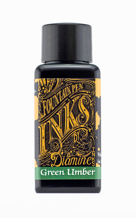 Diamine Green Umber fountain pen ink bottle and packaging on a white background.