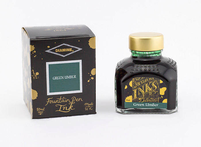 Diamine Green Umber fountain pen ink bottle and packaging on a white background.