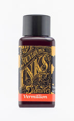 Diamine Vermillion fountain pen ink bottle and packaging on a white background.