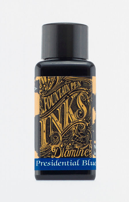 Diamine Presidential Blue fountain pen ink bottle and packaging on a white background.