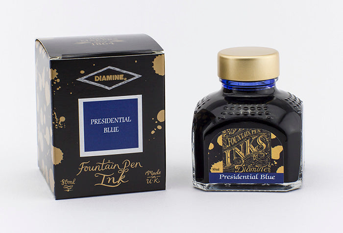 Diamine Presidential Blue fountain pen ink bottle and packaging on a white background.