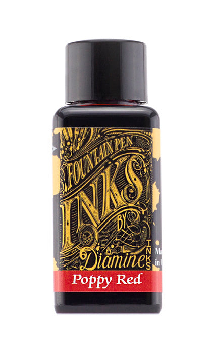 Diamine Poppy Red fountain pen ink bottle and packaging on a white background.