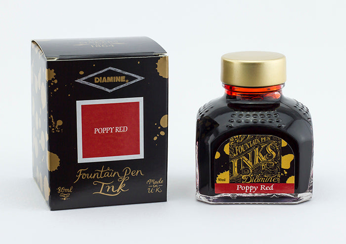 Diamine Poppy Red fountain pen ink bottle and packaging on a white background.