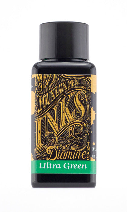 Diamine Ultra Green fountain pen ink bottle and packaging on a white background.