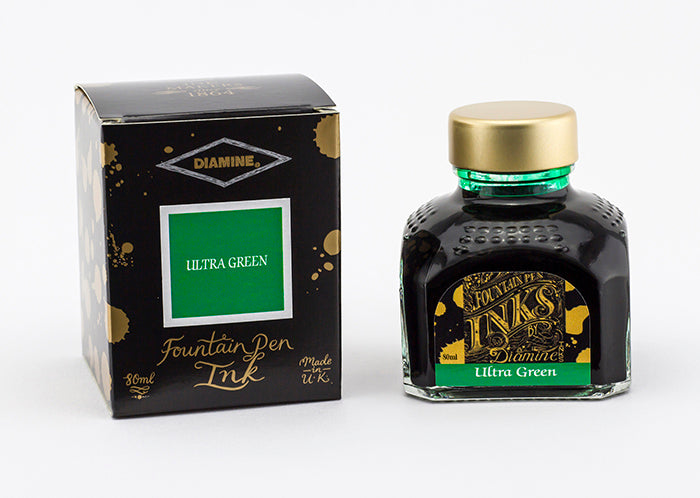 Diamine Ultra Green fountain pen ink bottle and packaging on a white background.