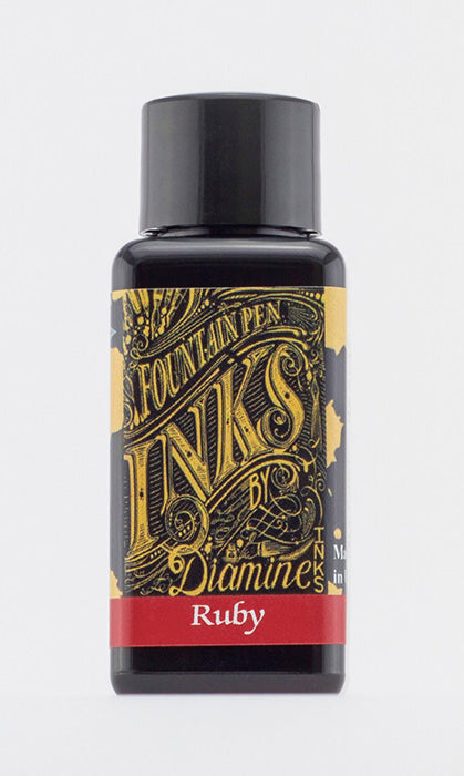 Diamine Ruby fountain pen ink bottle and packaging on a white background.