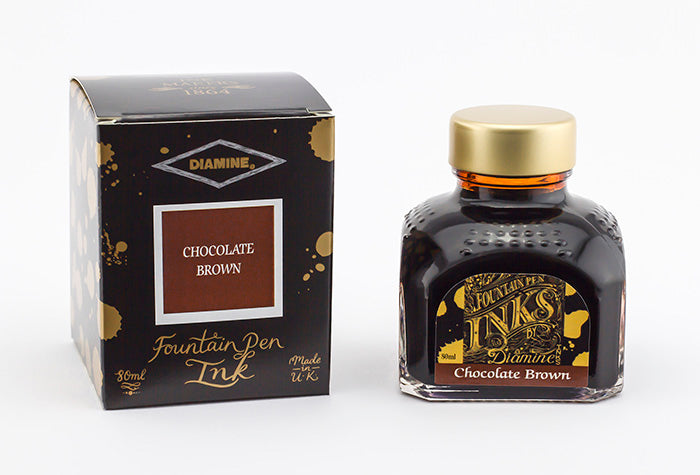 Diamine Chocolate Brown fountain pen ink bottle and packaging on a white background.