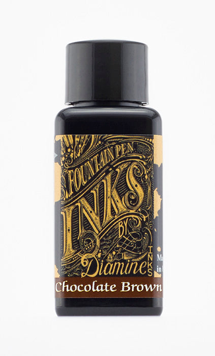 Diamine Chocolate Brown fountain pen ink bottle and packaging on a white background.