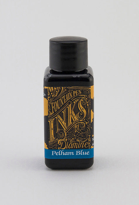 Diamine Pelham Blue fountain pen ink bottle and packaging on a white background.