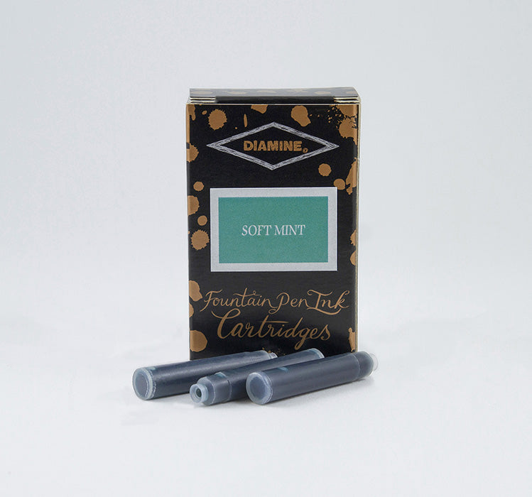Diamine Soft Mint fountain pen ink cartridges and packaging box on a white background.