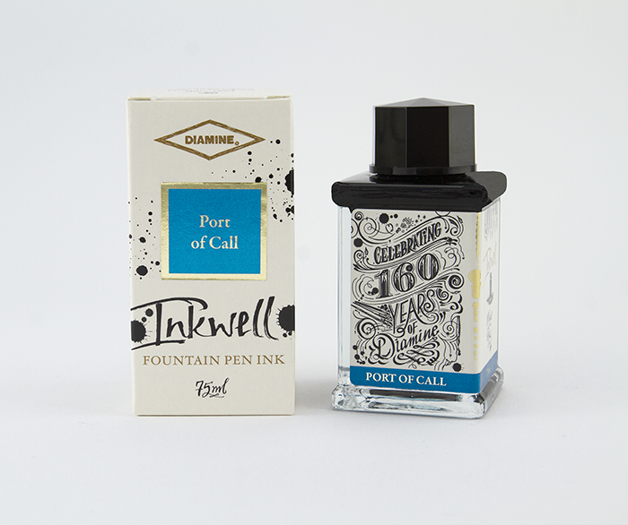 Diamine Port of Call fountain pen ink bottle and packaging on a white background.