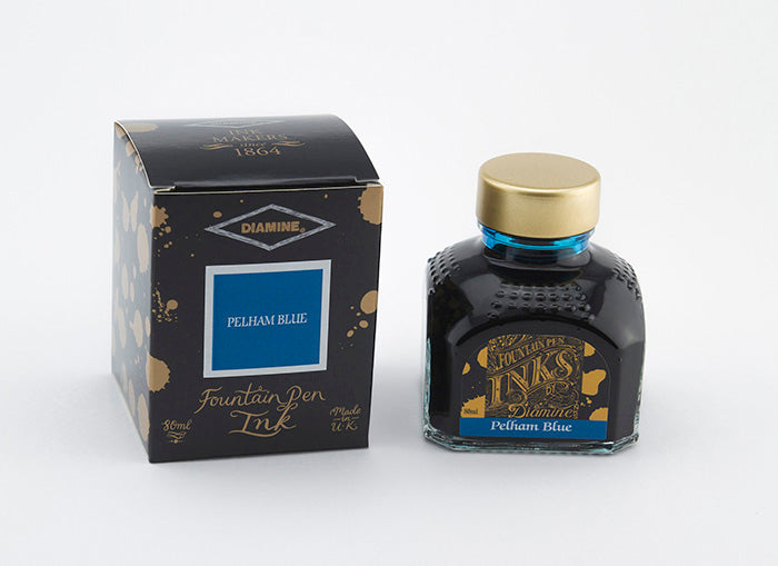 Diamine Pelham Blue fountain pen ink bottle and packaging on a white background.
