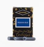 Diamine Prussian Blue fountain pen ink cartridges and packaging box on a white background.