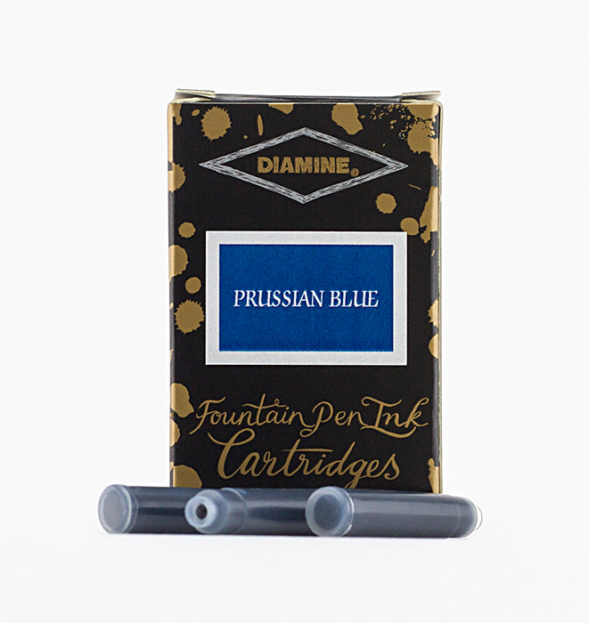 Diamine Prussian Blue fountain pen ink cartridges and packaging box on a white background.