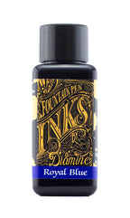 Diamine Royal Blue fountain pen ink bottle and packaging on a white background.