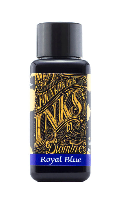 Diamine Royal Blue fountain pen ink bottle and packaging on a white background.