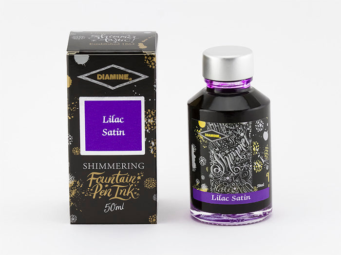 Diamine Lilac Satin fountain pen ink bottle and packaging on a white background.