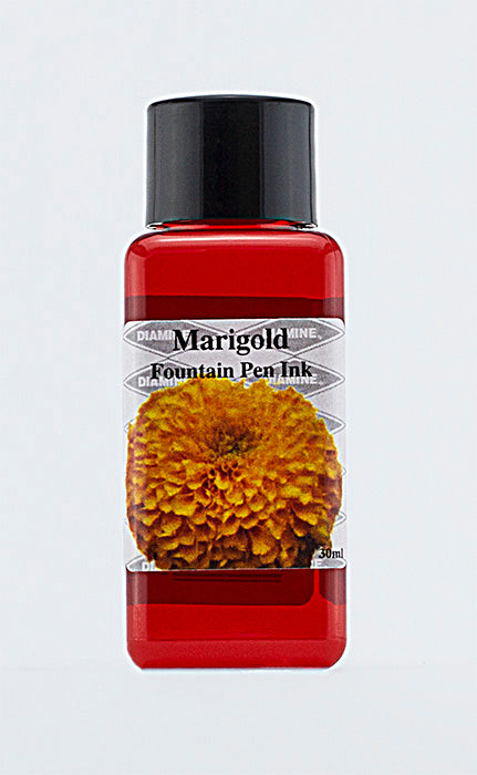 Diamine Marigold fountain pen ink bottle and packaging on a white background.