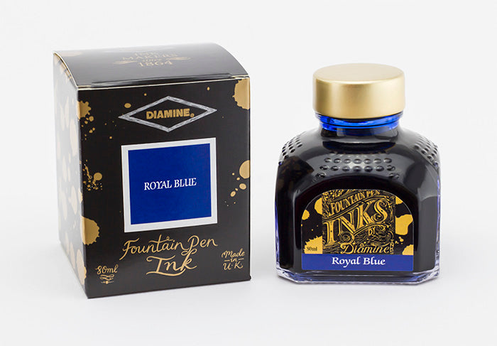 Diamine Royal Blue fountain pen ink bottle and packaging on a white background.