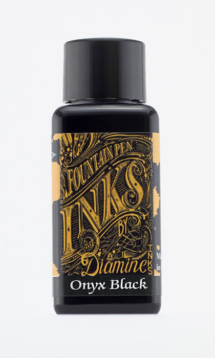 Diamine Onyx Black fountain pen ink bottle and packaging on a white background.