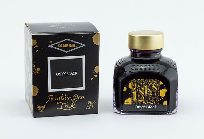 Diamine Onyx Black fountain pen ink bottle and packaging on a white background.