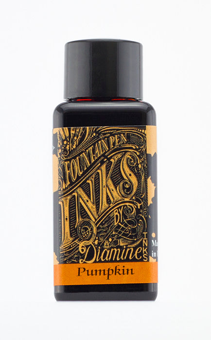 Diamine Pumpkin fountain pen ink bottle and packaging on a white background.