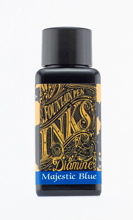 Diamine Majestic Blue fountain pen ink bottle and packaging on a white background.