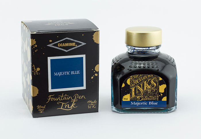 Diamine Majestic Blue fountain pen ink bottle and packaging on a white background.
