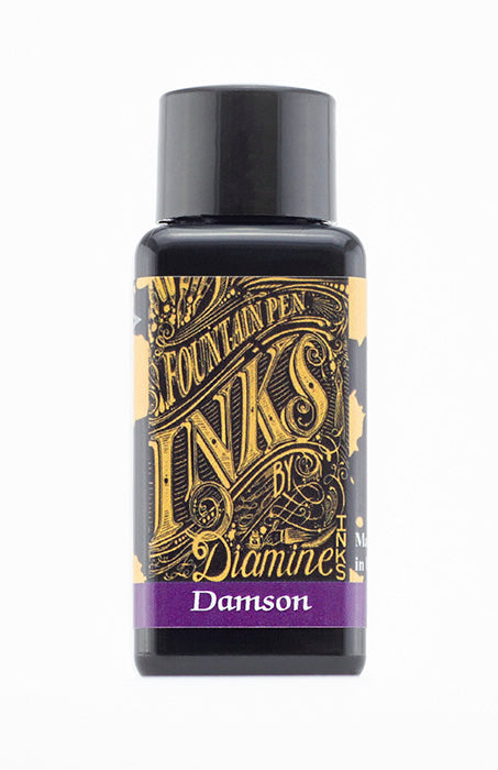 Diamine Damson fountain pen ink bottle and packaging on a white background.