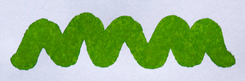 Wavy green line on a white background. Diamine Kelly Green fountain pen ink colour swatch.