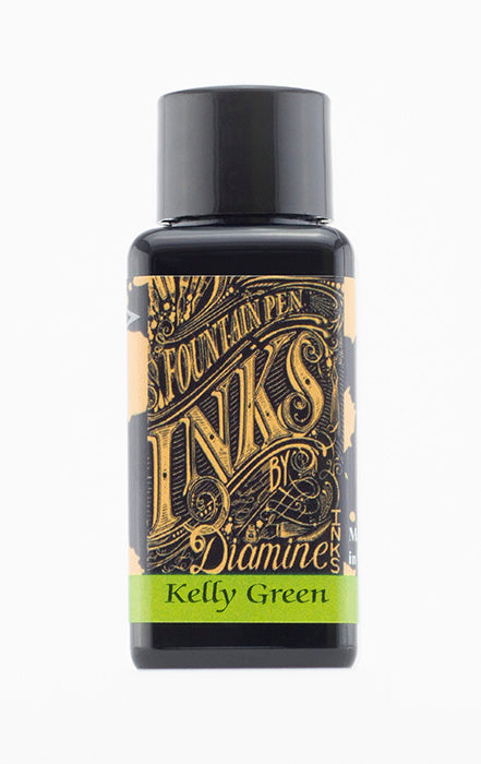 Diamine Kelly Green fountain pen ink bottle and packaging on a white background.