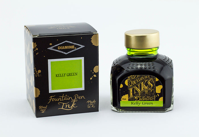 Diamine Kelly Green fountain pen ink bottle and packaging on a white background.