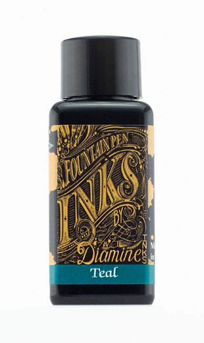 Diamine Teal fountain pen ink bottle and packaging on a white background.