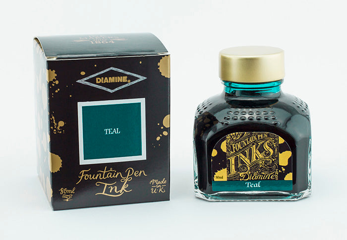 Diamine Teal fountain pen ink bottle and packaging on a white background.