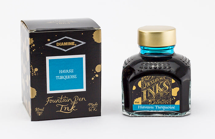 Diamine Havasu Turquoise fountain pen ink bottle and packaging on a white background.