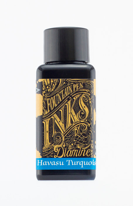 Diamine Havasu Turquoise fountain pen ink bottle and packaging on a white background.