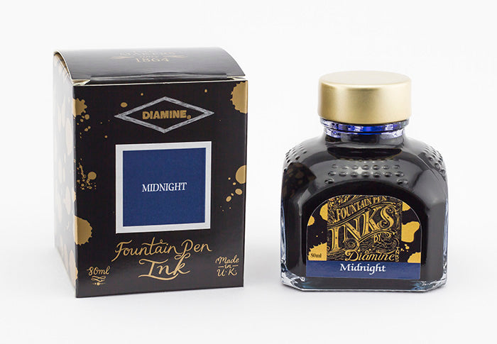 Diamine Midnight fountain pen ink bottle and packaging on a white background.