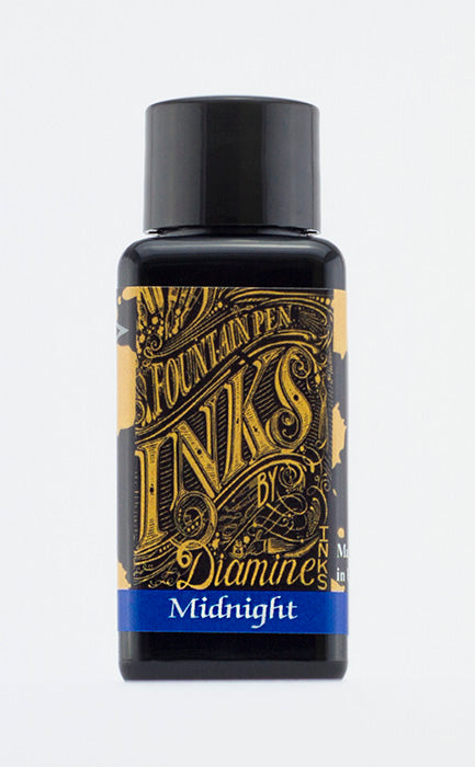 Diamine Midnight fountain pen ink bottle and packaging on a white background.