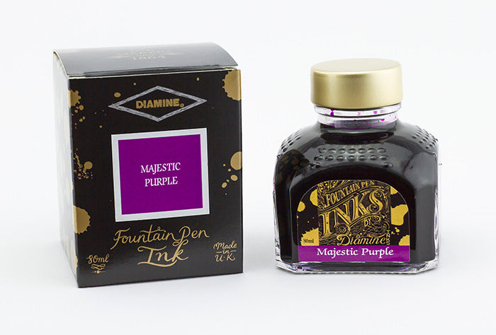 Diamine Majestic Purple fountain pen ink bottle and packaging on a white background.